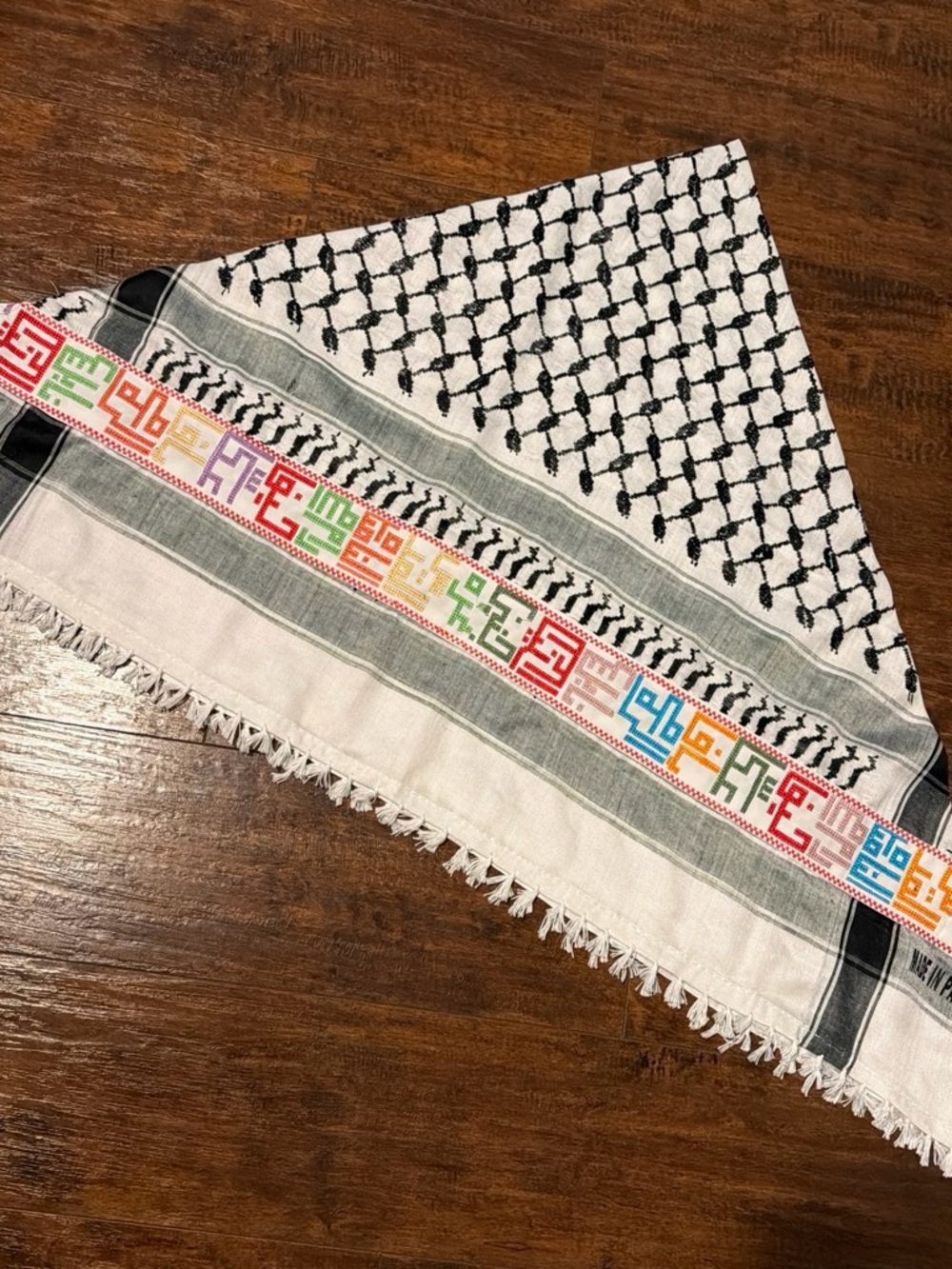 Traditional Black & White Keffiyeh Scarf with Multicolor Embroidered Border